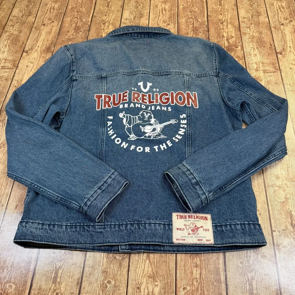 True Religion 701133 Denim Jacket Mens Large Blue Red Stitching Trucker NWT